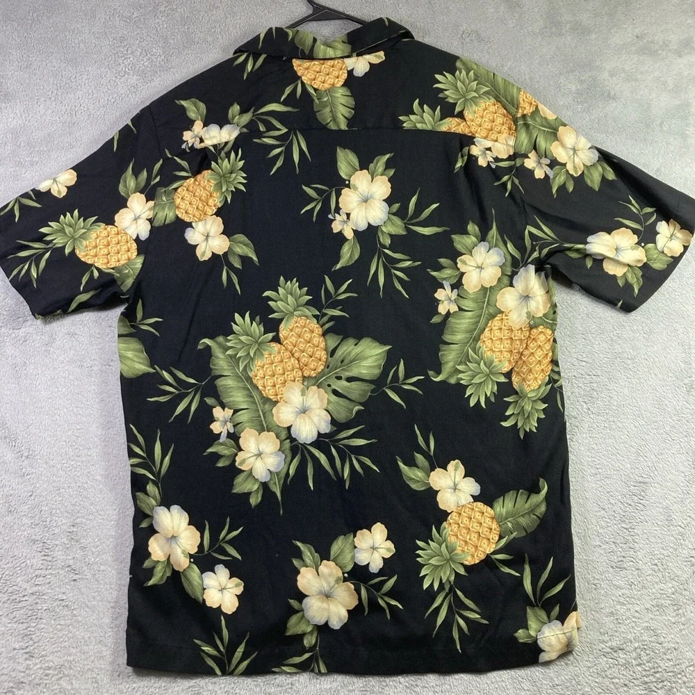 Caribbean Joe Hawaiian Shirt Men Large Black Floral Pineapple Button Up Aloha
